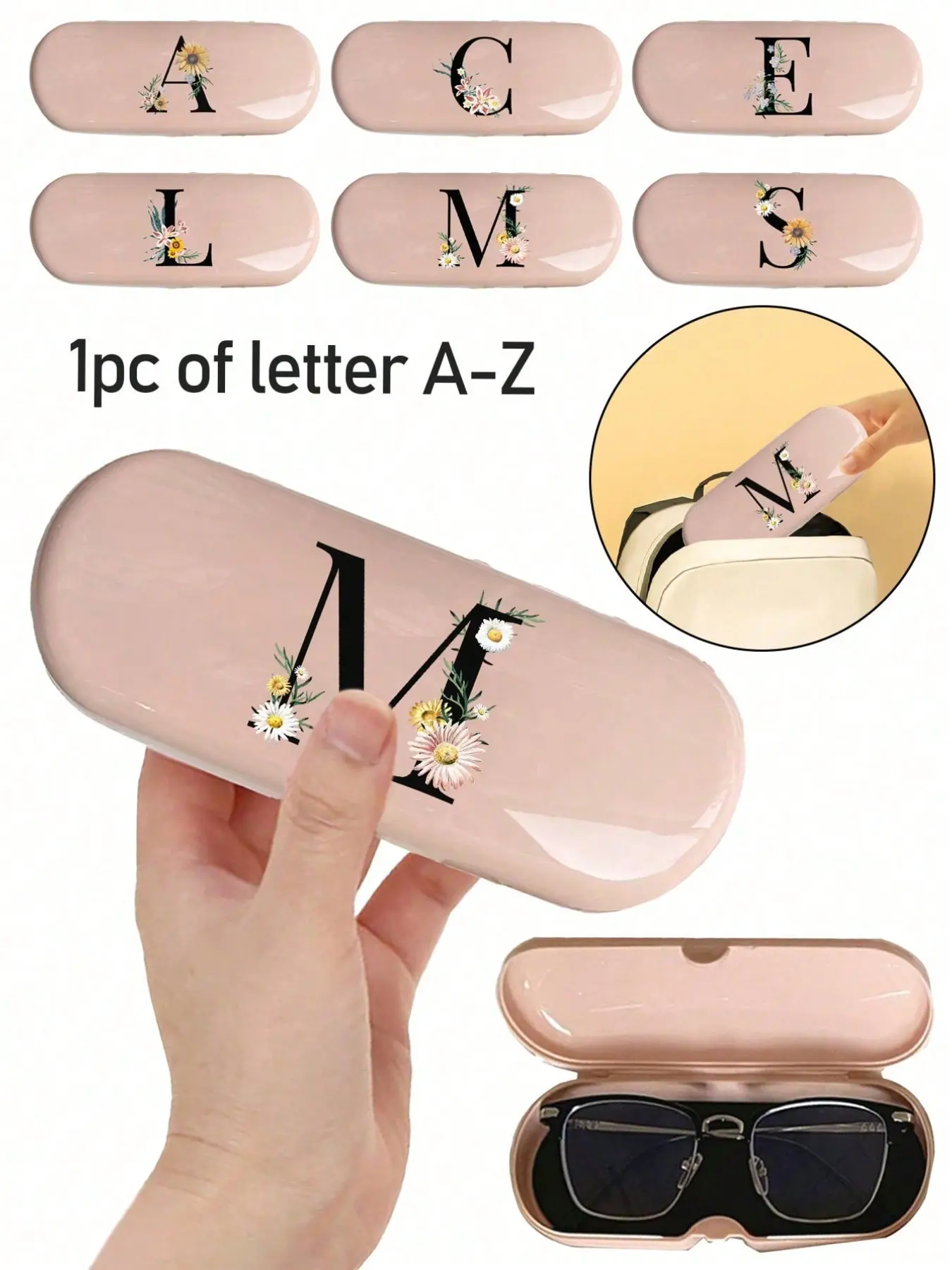 Cream Color Solid Eyeglass Case, Hard Shell Letter Glasses Box, PU Leather A-Z Daisy Print, Waterproof Dustproof, Portable Storage Holder, Glasses Organizer, Eyeglasses Holder, Eye Glasses Holders, Portable Eyewear Organizer