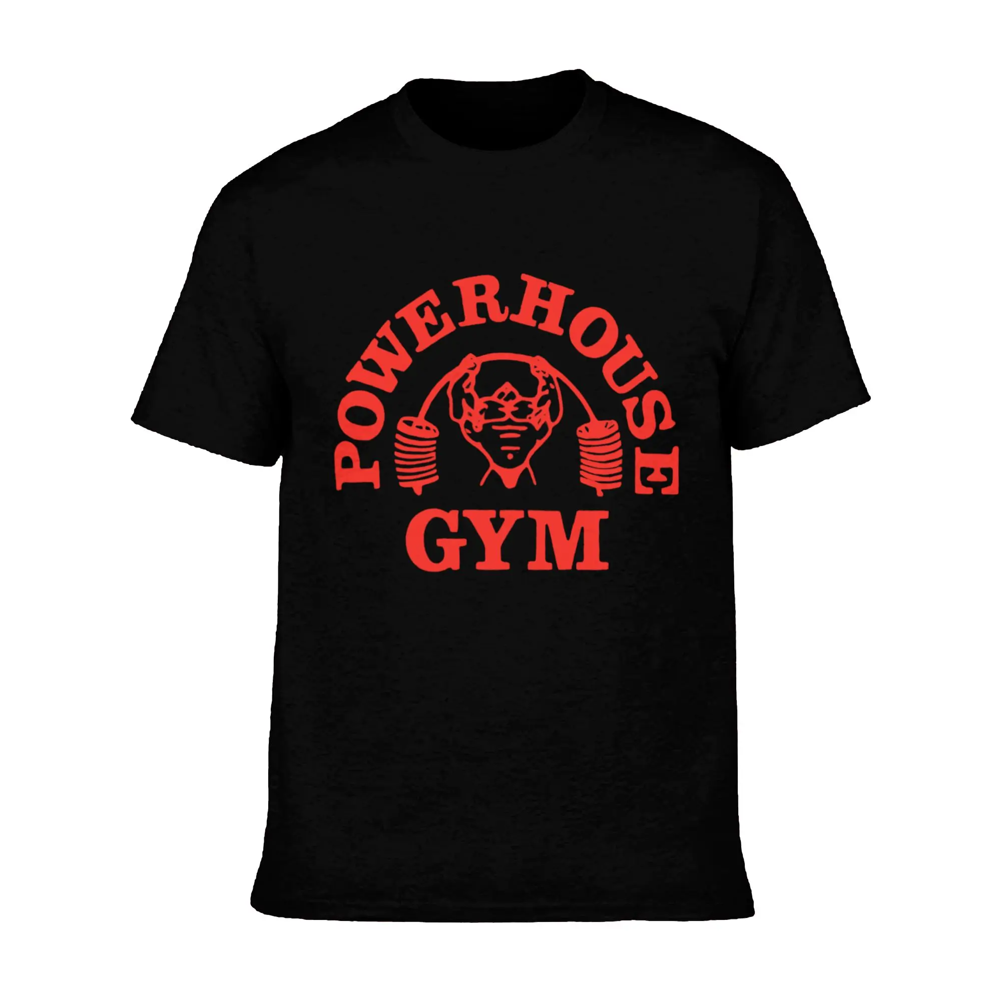 Powerhouse Gym 2026 New Arrival Men's Workout Essential T-Shirt - Bold Red Logo Vintage Graphic Black Tee for Intense Workouts