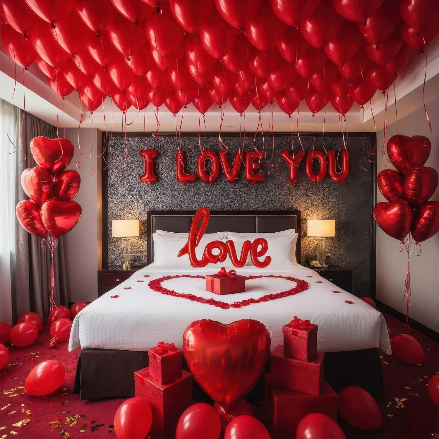 I Love You Balloons red romantic balloon kit with red heart I LOVE YOU mylar balloons red rose petals for hotel Dec orations decorations Valentines Party wedding anniversary supplies
