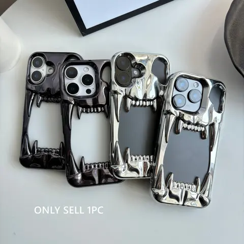 Stylish Cool Electroplated Silver Black Skull Tusk Metallic imitation color Glossy Hollow Heat Dissipation Soft Protective Phone Case Cover Casing for iPhone 13 14 15 16 17 18 Pro Max