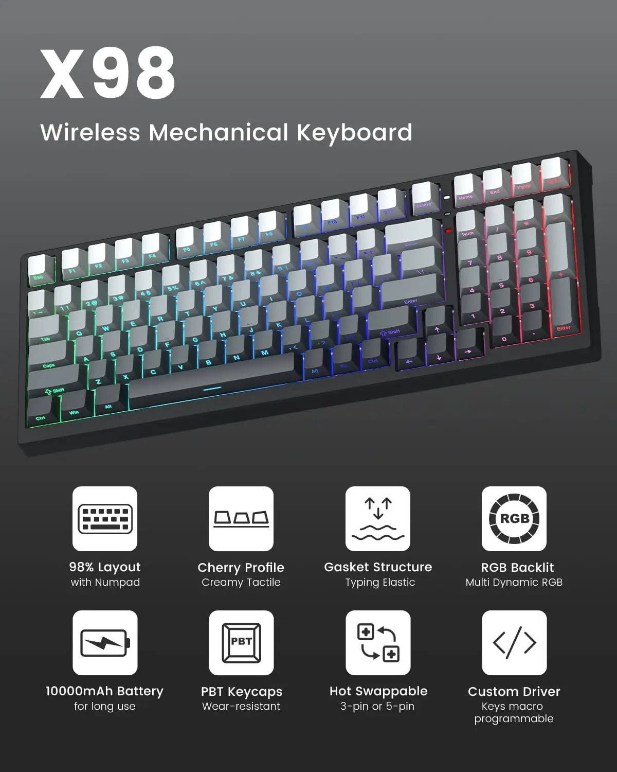 Womier X98 Wireless 98% Mechanical Keyboard - 99-Key Creamy Computer Peripherals, RGB Backlit, Hot-Swappable Custom Bluetooth, Kickstand, Number Pad for Keyboard Gamers, 99-Key Creamy Keyboard