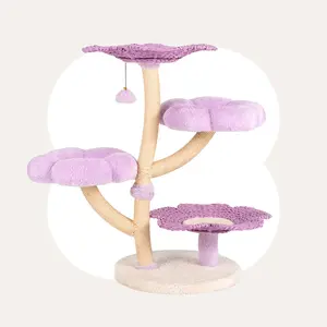 Happy & Polly Purple Woven Flower Cat Tree with Lavender Floral Design and Natural Wood Structure for Pet Play and Rest