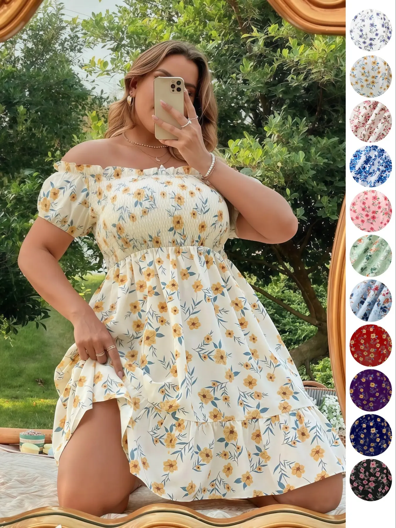 Plus Size Floral Print Off Shoulder A Line Dress, Boho Romantic Shirred Ruffle Hem Dress for Beach Vacation Holiday, Women's Plus Clothes for Summer Casual