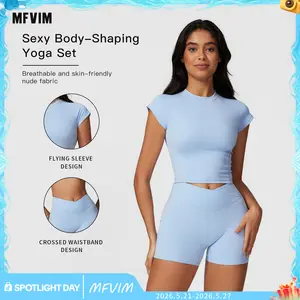 MFVIM Women's 2-Piece Yoga Athleisure Set, Fitted Design Activewear, Colorblock Crisscross Backless Crop Top & Snug Shorts, Ideal for Gym Workout Women, Running
