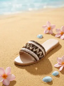 Women’s Boho Woven Slide Sandals – Comfortable Slip On Summer Flat Sandals, Boho Style Sandals, Casual Beach Vacation Slippers, Lightweight Open Toe Bohemian Shoes for Women