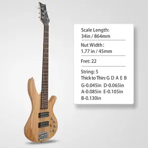 Style & Sound! 44 Inch GIB 5-String Bass, H-H Pickups, Laurel Wood, Versatile Burlywood, Complete Accessories