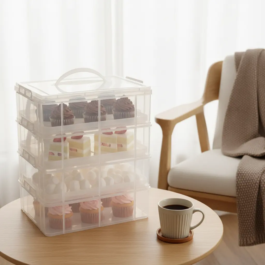 4-Tier Stackable Cupcake Carrier, Bakeware Food Storage Organizer for Baking Parties, Home Essentials Indoor Furniture Accessory