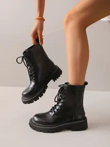 New Thick Sole Lace-Up Above Ankle Boots for Women, Street Style Cool Look, PU Leather, Rubber Sole, Spring & Fall Fashion, Footwear