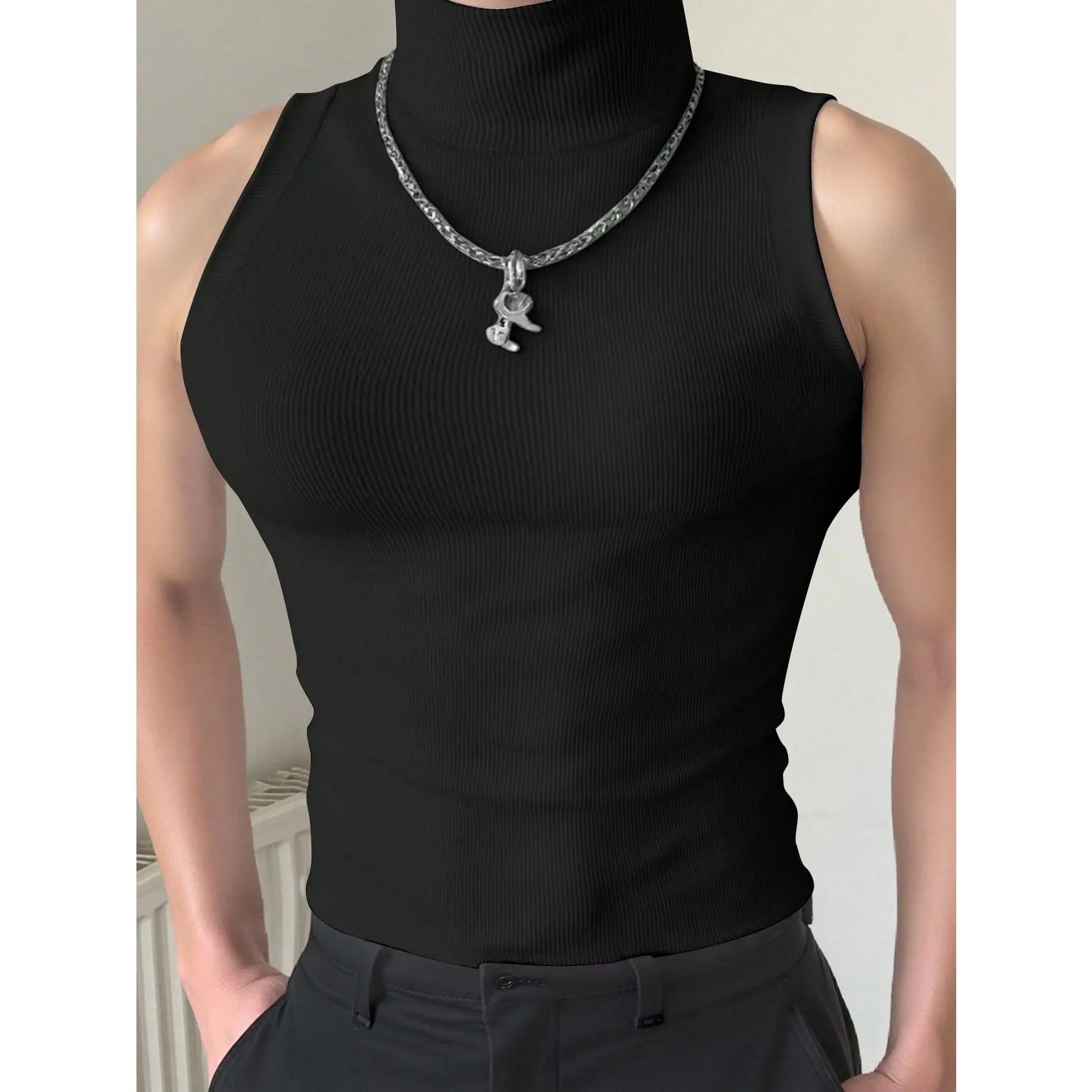 Men's Mock Neck Tank Top, Solid Rib-Knit Slim Fit Sleeveless Undershirt for Club, Party, and Streetwear, Sneakers