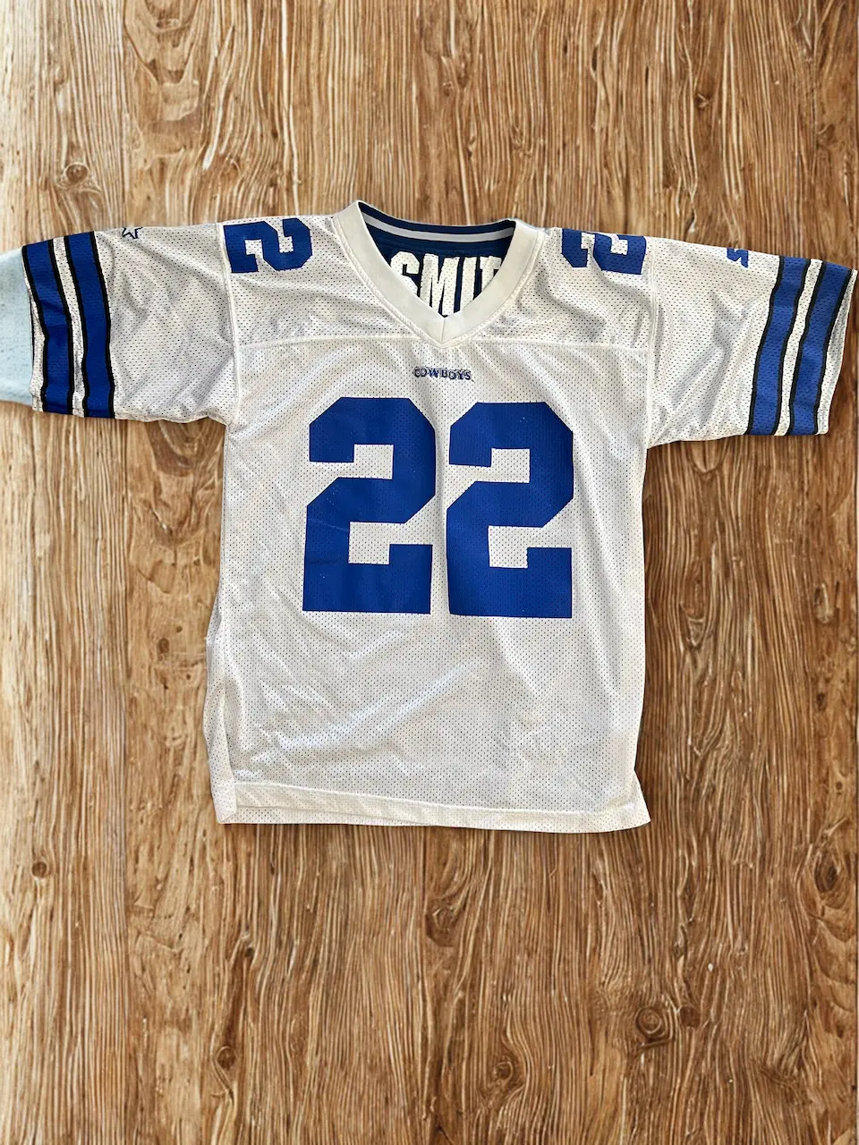 Iconic 90s Vintage Dallas Cowboys Emmitt Smith #22 Starter Jersey - White/Blue Mesh (Size 48/L)