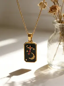 Fashion Stainless Steel Necklace, Rectangular 3D Oil-Drop Pendant, Versatility Clavicle Chain, Tarot Starry Sky, Unisex Jewelry, Modern Versatile Accessories