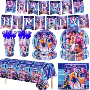 A set of blue birthday party supplies prepared by the popular fashion hunting girl band for fans, including banners, plates, cups, tablecloths, and napkins, perfect for decorating girl themed birthday parties
