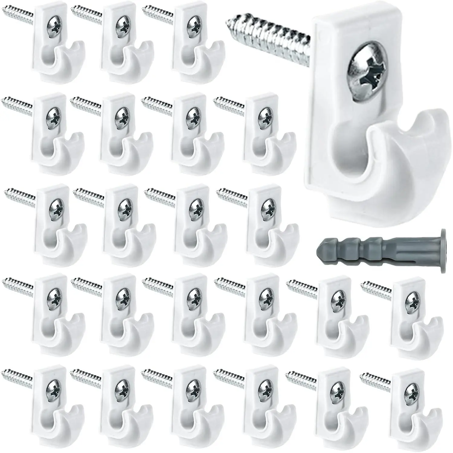 24 Pack White Down Wall Clip Closet Shelves Clips Wire Shelf Loop Clips Plastic Heavy Duty Wire Shelf Brackets Included Clips Screws and Expansion Tubes for Wire Closet Shelving