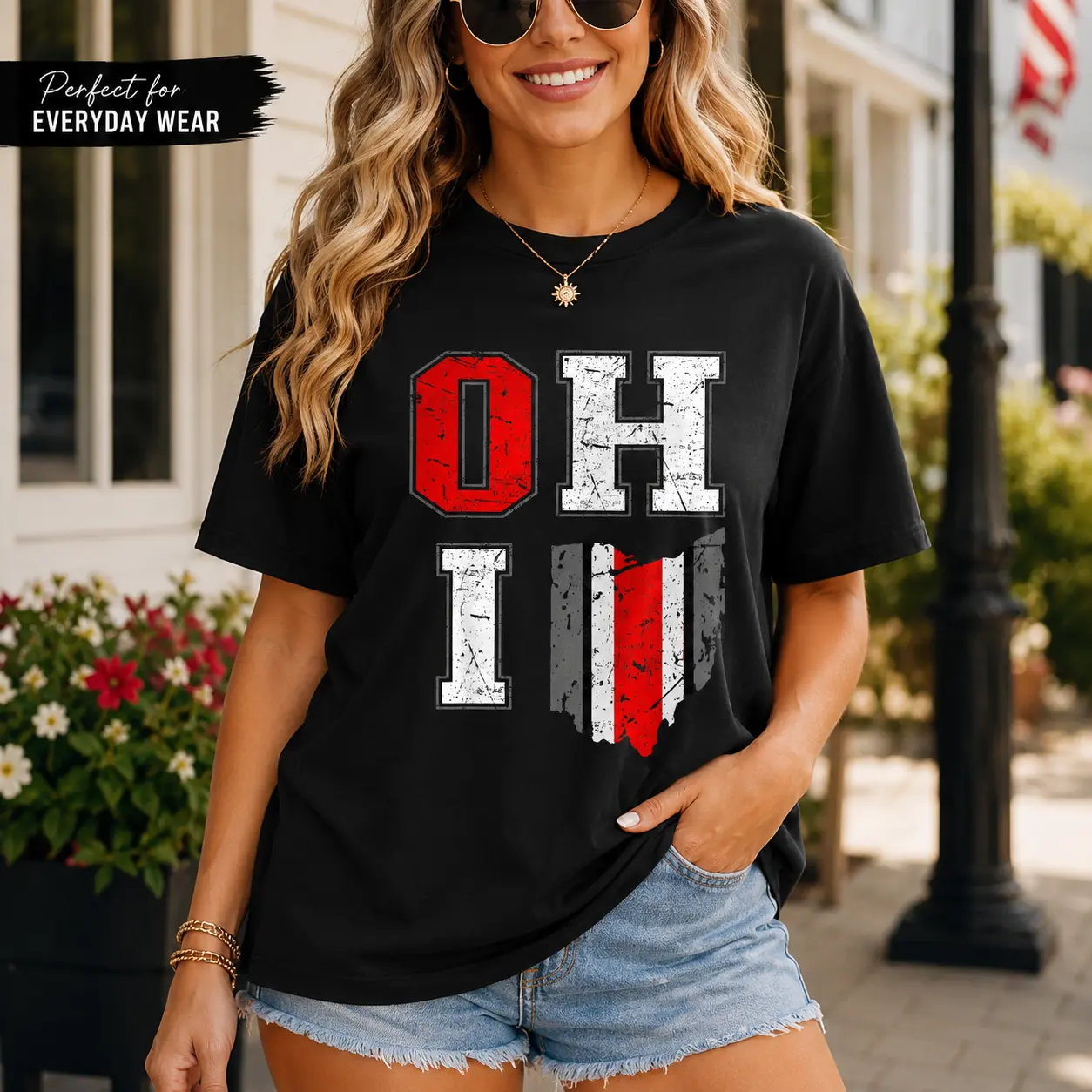 Women's Pure Cotton Short-Sleeve Crew Neck T-Shirt, Casual Breathable Knit Top with Ohio State Flag Graphic for Sports Fans, Round Neck