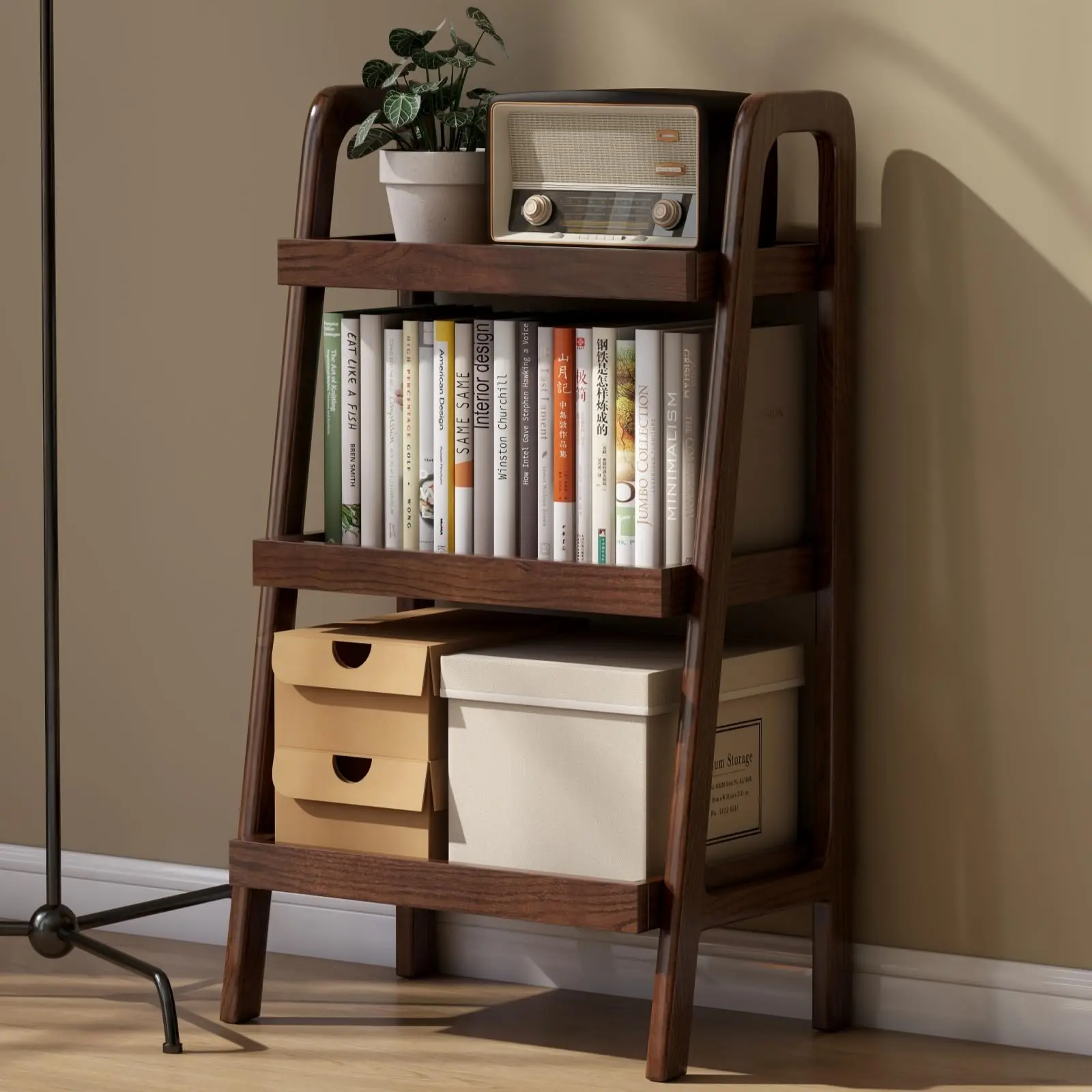 YESWOOD 100% Solid Oak 3 Tier Ladder Shelf for Saving Space, Small Bookshelf with Stable Frame, Free Standing Short and Low Bookshelf for Living Room Bedroom (Natural\Walnut, 17.7" W\25.6"W))