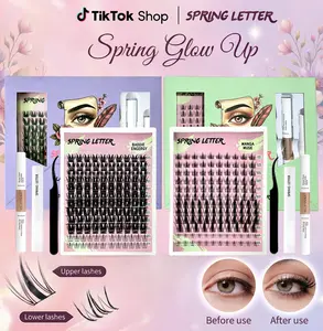 SPRINGLETTER DIY Lash Cluster Kit - Soft Fluffy D-Curl Clusters,Multiple Lengths, Waterproof Long Hold, Bond & Seal,Remover, Tweezers & Brush and Glue Fox Eye Long-Lasting Lashlift Set easy home use spikes cat eye