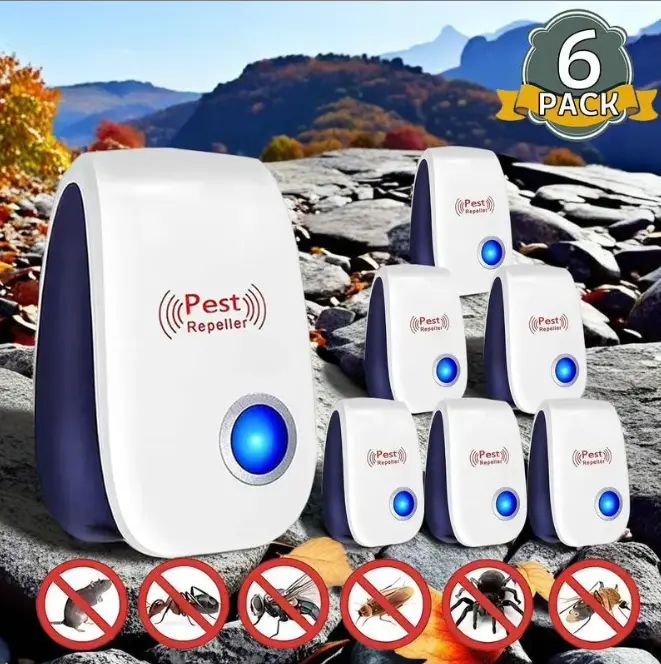 6pcs Ultrasonic Plug-in Pest Repellent - Non-Toxic, Humans & Pets Safe Indoor Pest Control for Multiple Pests (Flies, Cockroaches, Fleas, Mosquitoes, Rats, Mice, Spiders, Ants, Bugs) for Home, Office, Work