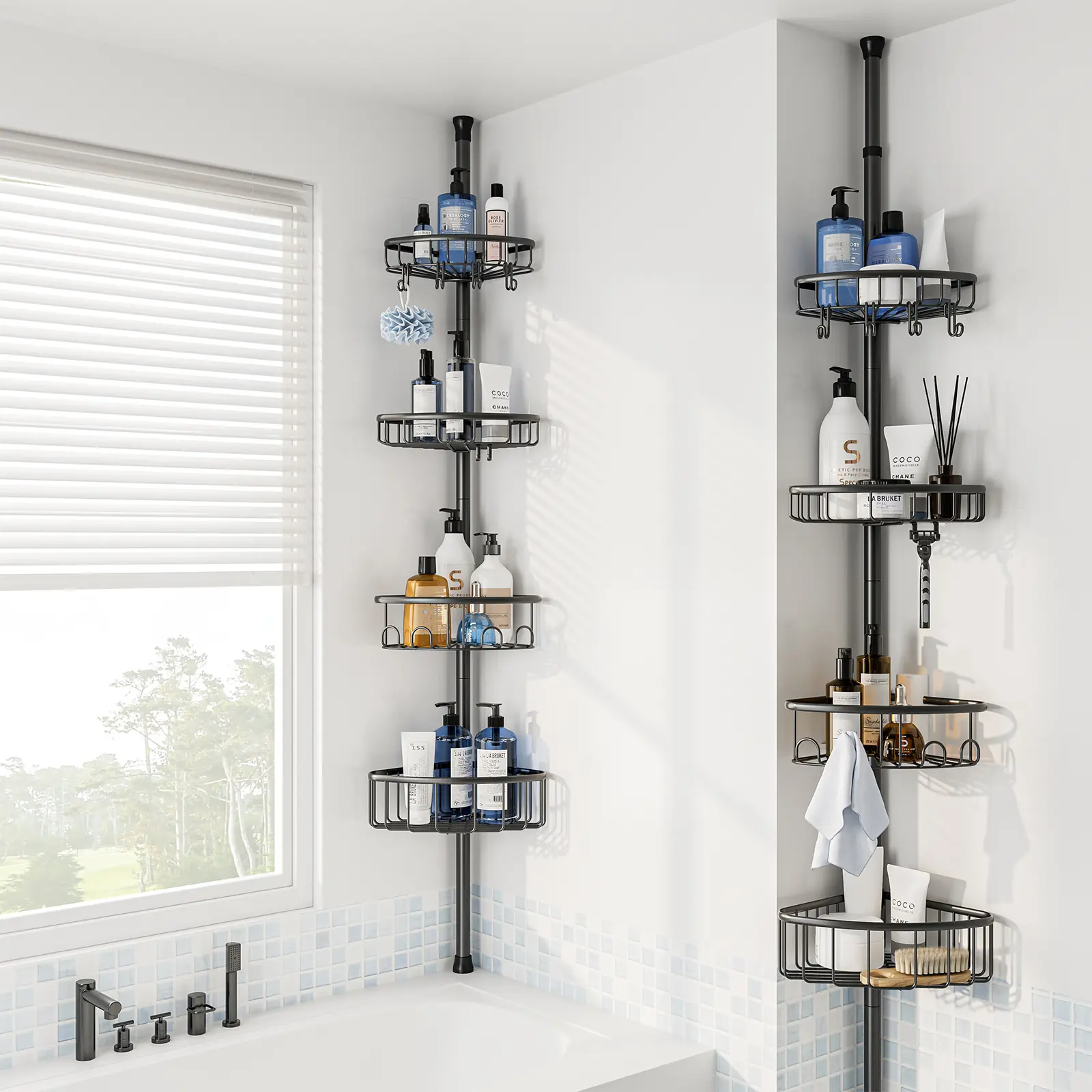 47-121 Inches Corner Shower Caddy Tension Pole - Rustproof Stainless Steel Bath Organizer with Heavy-Duty Shelves & Hooks, Quick-Drain Mesh Design, 4-Tier Adjustable Storage, No-Drill Clamp Lock for Bathroom, Easy Assembly tiktokshopspringg