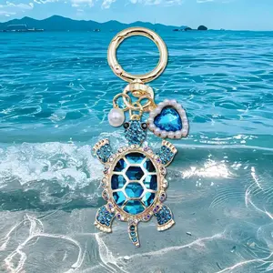 Enameled Metal Lightweight Marine Theme Turtle Keychain with Pearl Heart Charm, Aesthetic Bag Charm, Unisex Key Ring for Daily Carry, Trendy Friendship Gift for Fashion Accessories Use
