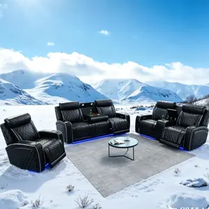 Luxury Leather LED Recliner Sofa Set Black 3-Piece Living Room Functional Sofa with Tilt, Cup-Holder, Storage, & Wireless Charging Panel