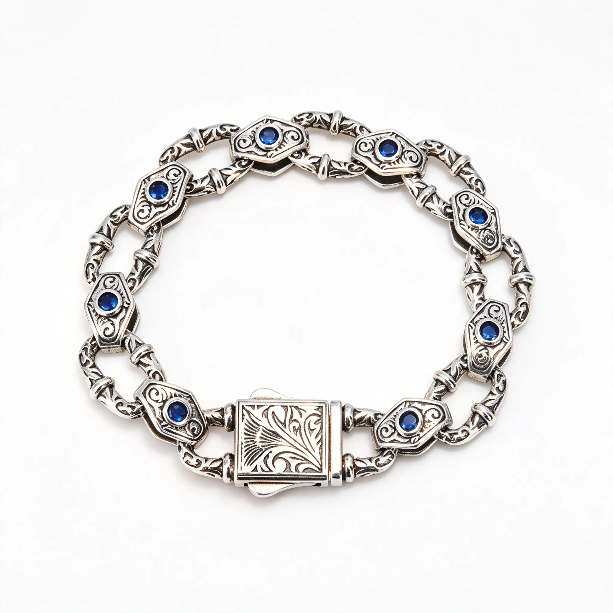 925 Sterling Silver Vintage Sapphire Bracelet - Engraved Links, Retro Unisex Wrist Chain for Casual Wear