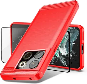 Phone Case for Oneplus 10T 5G Case with Tempered Glass Screen Protector, Shock-Absorption Brushed Flexible Soft TPU Carbon Fiber Protective Cover for Oneplus 10T 5G 2022 (LS-Rrd)