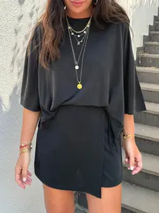 Women's 2 Piece Outfits Casual Oversized T Shirts and Tie Wrap Mini Skort Sets Summer Lounge Wear