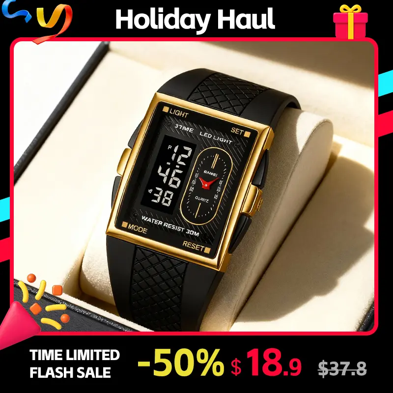 SKMEI Men's Casual Sport Watch - 40mm Gold-Tone Metal Analog-Digital Chronograph, Black Band, 30M Waterproof, LED Light, 3 Time Zones, Alarm, Casual Watch, Digital Wristwatch, Rectangle, Multi-Functional, With Alarm, Hardlex Glass, Metal Frame, Sport Look
