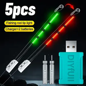 5-Piece Fishing Rod Tip Light Set, Fishing Accessories, Rechargeable Battery, USB Charger, Night Fishing Glow Stick, High Visibility, Gravity Sensor, Fishing Lights