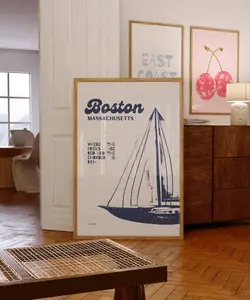 [SALE UP TO 40%] [Unframed] Retro Boston Travel Print: Vintage Sailboat Art, New England Decor