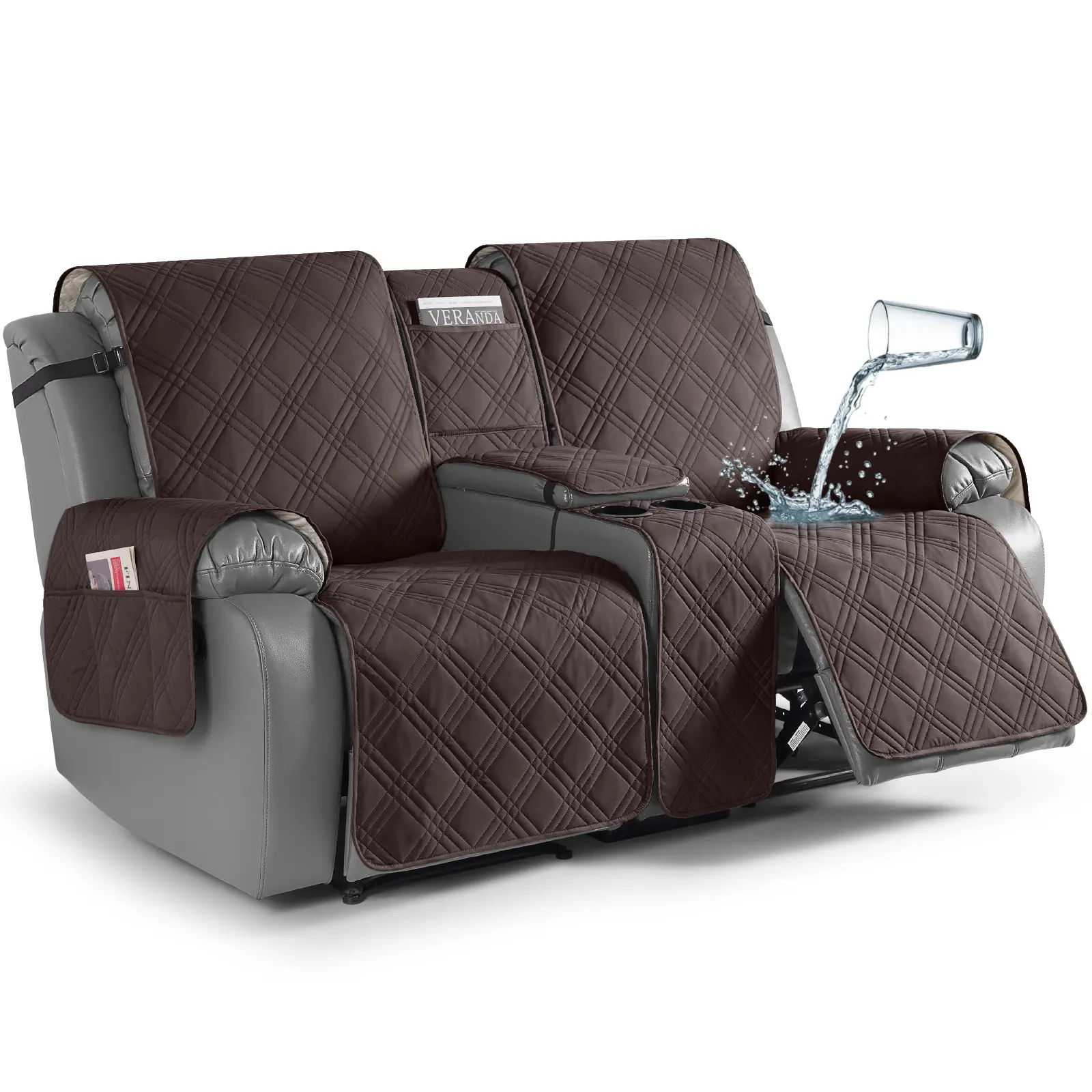 TAOCOCO 2-Seater Split Recliner Loveseat Cover with Console & Arm with Cup Holder, High Quality Material Couch Cover for Sofa, Waterproof Non-Slip Dustproof Furniture Protector with Side Pockets for Pets