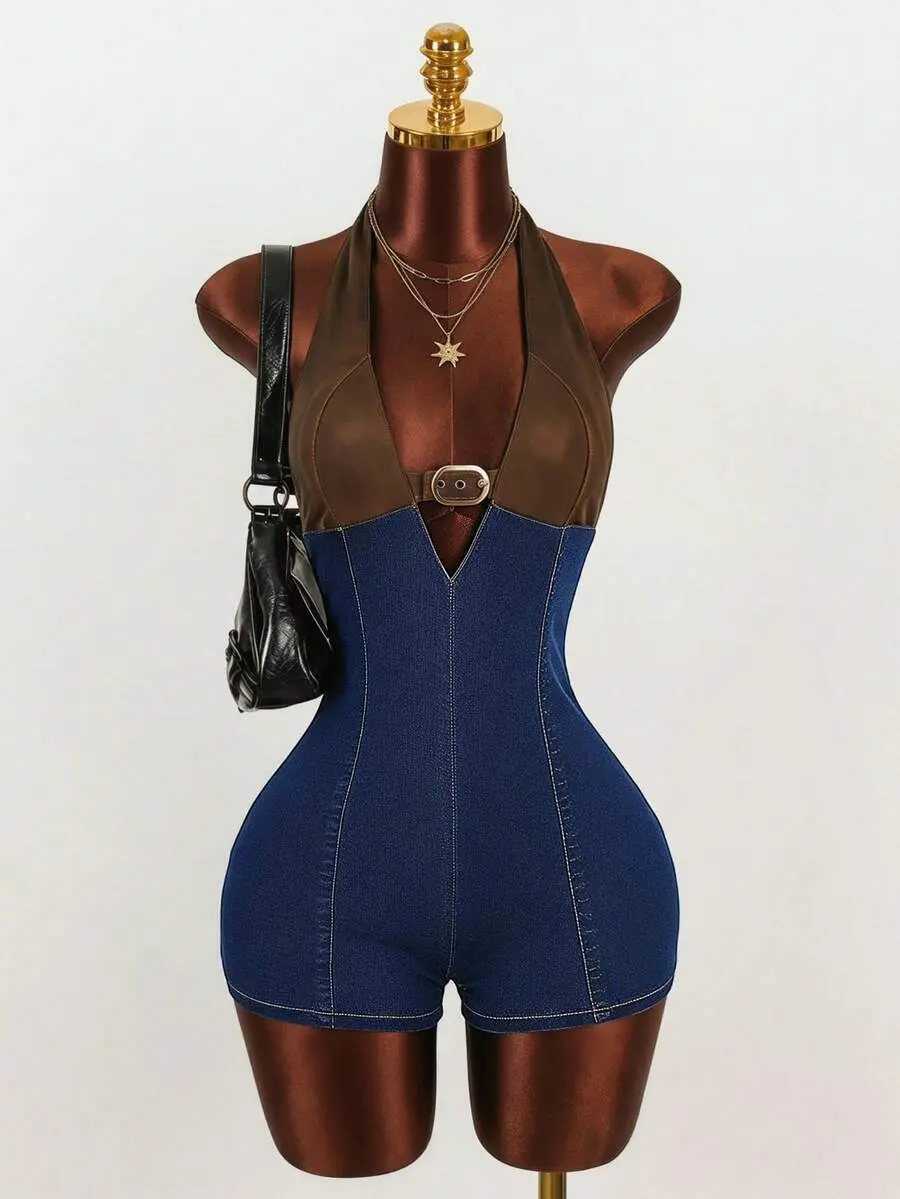 JUAN Brown And Blue Summer Seksi Chic Halter Backless Skinny Denim Jumpsuit,Y2k Coquette Club Night Biker Shorts Romper,Carnival Vacation Costume