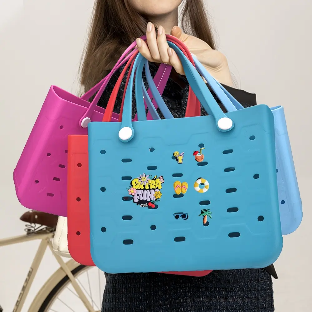 Women's 2-Set EVA Tote Bags - S/M Sizes Family Set for Vacation - Waterproof, Lightweight Shoulder Bags with Decorative Accessories