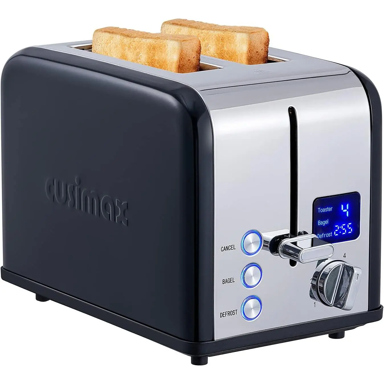2-Slice Black Stainless Steel Compact Toaster for Home Kitchen & Dorms, 1.5'' Extra-Wide Slots, 11x6 in Size, Large LED Display, 6 Browning Settings, Cancel Mode, Bagel/Defrost Functions, Removable Crumb Tray