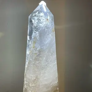 Dancing Luna Massive Clear Quartz Tower with Golden Healer Inclusions, 5-Pound Focal Piece, Includes Wooden Stand for Easy Display