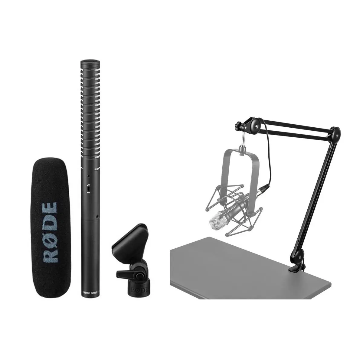 Rode NTG2 Dual-Powered Directional Condenser Audio Microphone Bundle with H&A Broadcast Arm, Integrated XLR Cable for DSLR Cameras, Noise-Reducing Performance