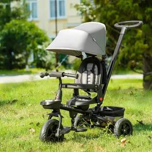 Gray 4 in 1 Foldable Kids Tricycle for 1-5 Years Old, Equipped with Reversible Seat 3-gear Adjustable Push Handle Removable Canopy Safety Harness Wheel Brakes and Storage Baskets