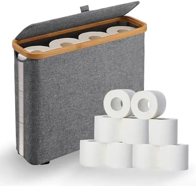 【Summer Sale Deals】Narrow Frame Bamboo Bathroom Storage Cabinet - Versatile Slim Profile Roll Holder Bathroom Accessory Set, Waterproof Oxford Fabric 30L Lidded 16.9"w x6.7"d x13.1"h Toilet Side Holder (Fits 12 Standard/9 Jumbo Rolls)