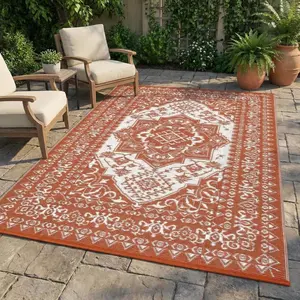 Outdoor Patio Rug Waterproof Reversible Plastic Straw Mat, Large Vintage Medallion Boho Area Rug Outside Rugs for Deck, Balcony, Pool, Camping, Beach, Picnic, Porch, RV, Terracotta
