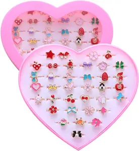 Summer Gift  36pcs Little Girl Jewel Rings, Adjustable, No Duplication Kids Play Rings in Box,Pretend and Dress Up Rings for 4-12 Year Old Girls Birthday Gifts Holiday Gifts, 4 5 6 7 8 9 10 11 12 Year Old Girl Toys Rings for Kids