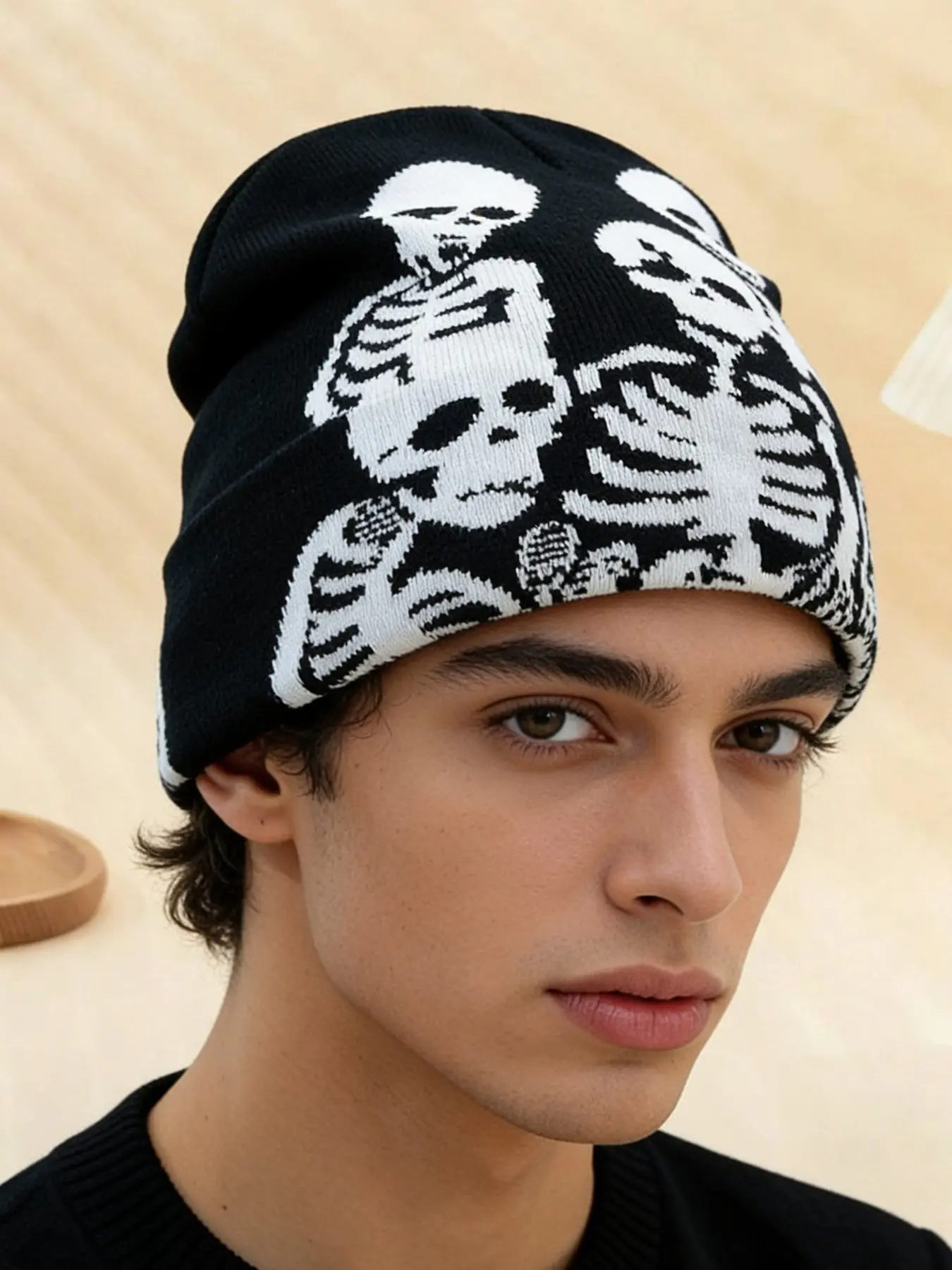 American Vintage Skull Knit Hat, Knitted Beanie Hat, Soft Skin-Friendly Thick Warm Ear Protection, Unique Subculture Punk Style Skull Knit Beanie Cap for Men & Women