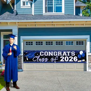 Graduation Decoration Banner Blue Congratulations To The 2026 Graduates School Emblem Banner University Graduation Party Supplies Indoor and Outdoor Decoration 78X18IN