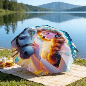 Portable folding Lightweight umbrella The umbrella features an image with a white horse and a woman with long, braided hair adorned with jewels and intricate detailing. Suitable for daily travel use, holiday Gift