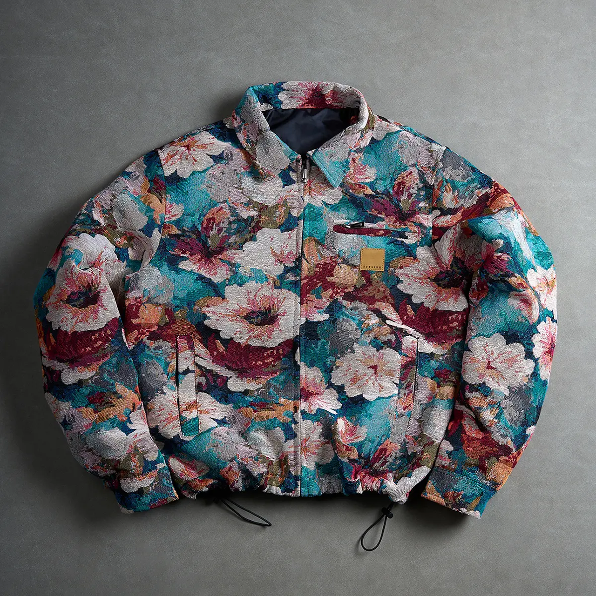 One gradient floral 3D jacquard jacket with a notched lapel—relaxed artistic trendy style, multi-layered watercolor floral brocade fabric. Small notched lapel, refined neckline detailing, small front zipper pocket for storing earphones, keys, and other sm