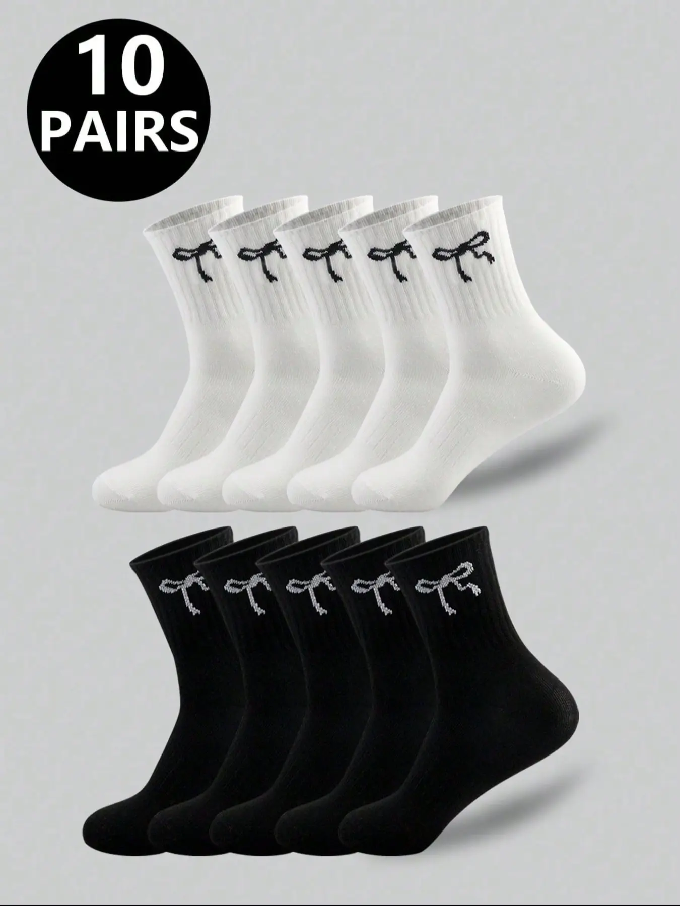 10 Pairs Mixed Color Bowknot Breathable Sports Socks, Comfortable Mid-Calf Socks for Everyday Wear, Versatile Athletic Socks, Volleyball Socks, Workout Socks