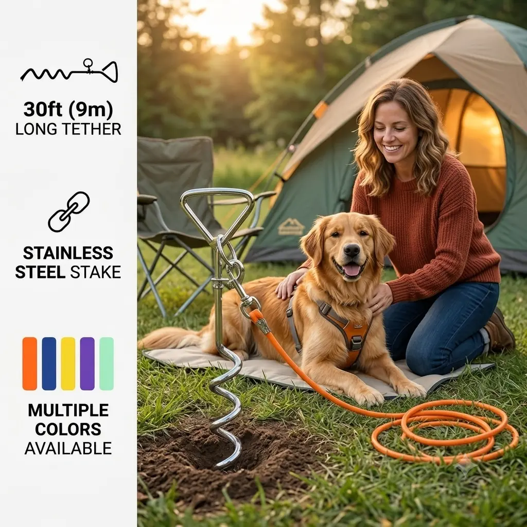 30FT Heavy Duty Dog Tie Out Stake and Cable Set: Heavy-Duty Stainless Steel Spiral Ground Anchor & Chew Proof Long Tether Steel Cable, 360° Anti-Tangle Dog Runner for Yard Lawn Camping, Multi-Color