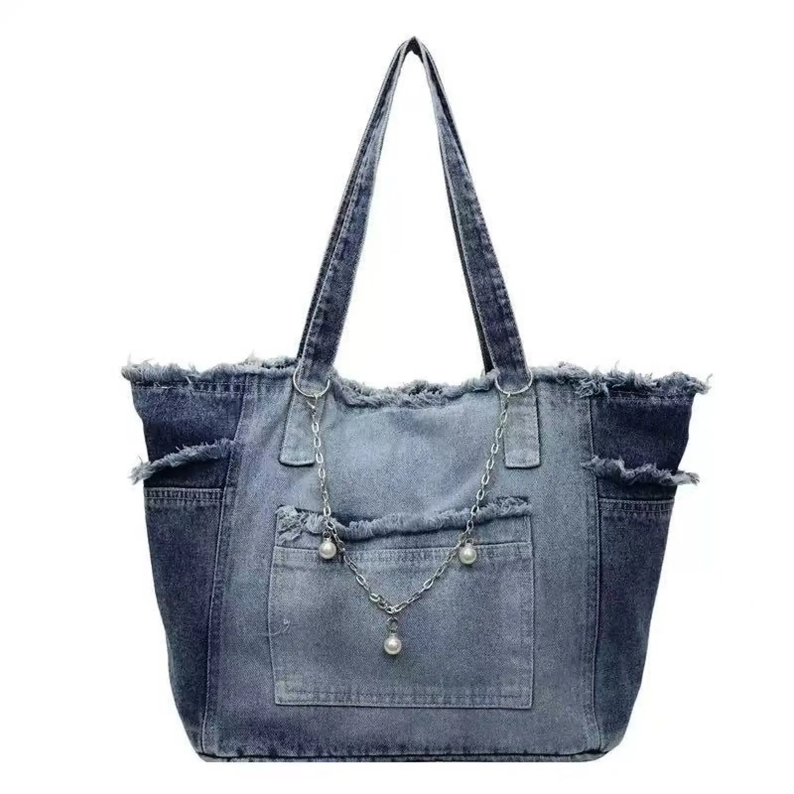 New Fashion Street Chain Decorated Jeans Tote Bag, Versatile Commuting Large Capacity Raw Edge Design Shoulder Laptop Bag, Casual Everyday Bag Multi-Pocket Handbag, Suitable for Shopping and Commuting