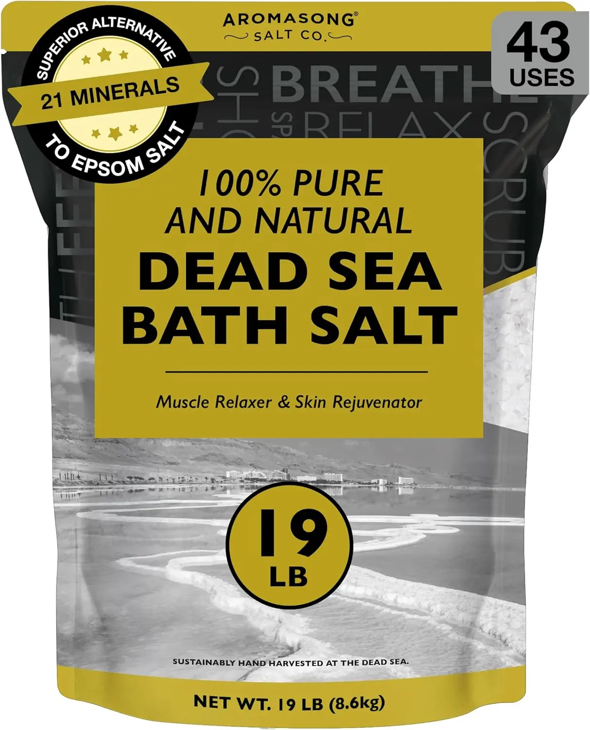 AROMASONG 100% Pure Dead Sea Bath Salt - 19 lbs Fine Grain Minerals, Body Care Exfoliating Soak & Cleanser, Moisturizing Body Treatment for Dry Skin, Soothing Sore Muscles, Smooth Skin Boost, Ideal Gift