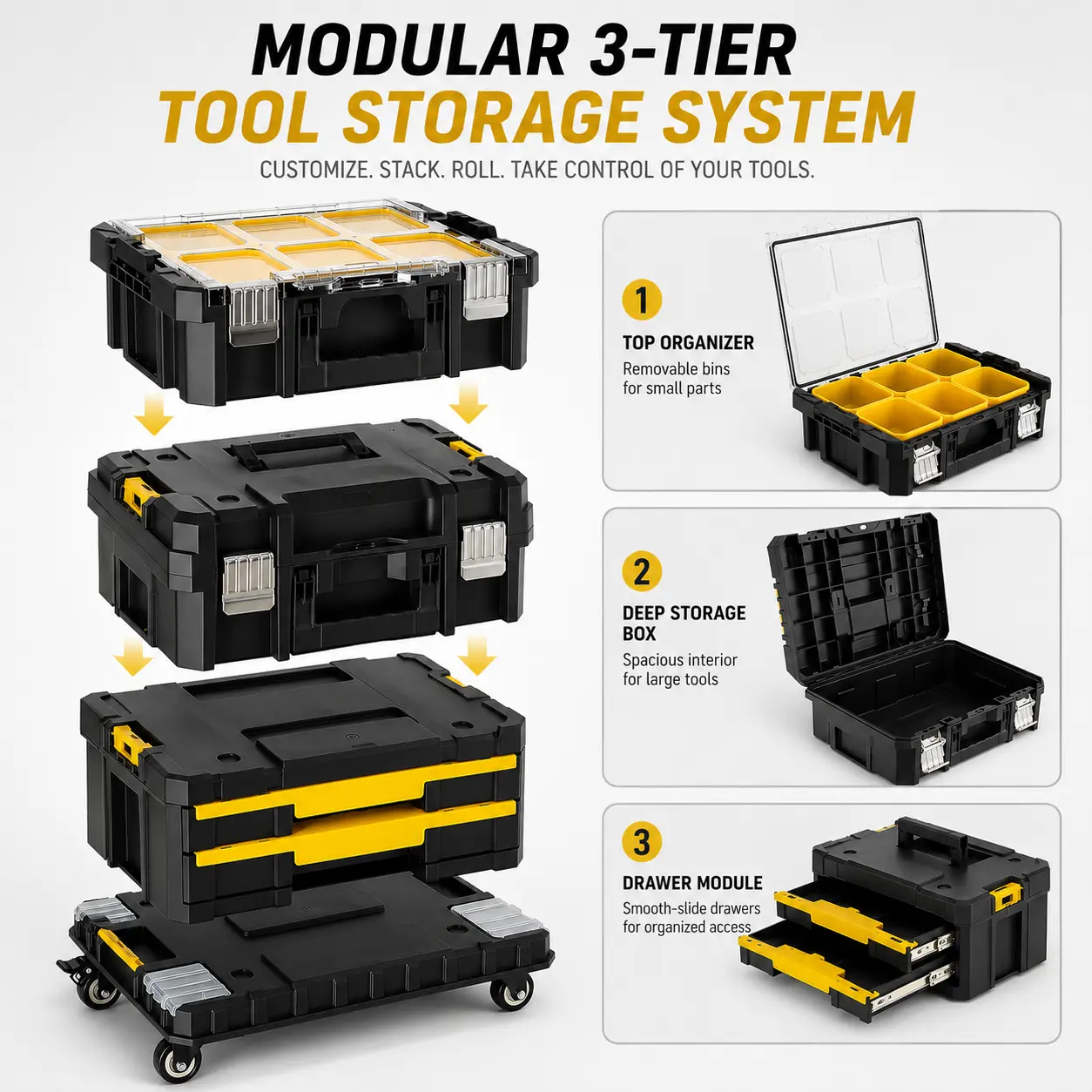 TLGREEN Stackable Rolling Tool Box with Wheels -3/4/5 Tier Modular Tool Organizer System, Portable Tool Box with Drawers for Garage Storage, Home Repairs & Professional Workshop
