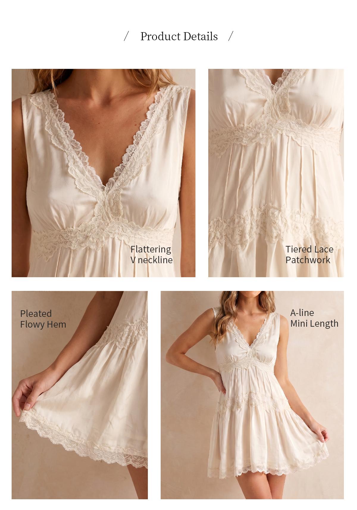 Florboom Womens Boho Lace Mini Satin Slip Dress, V Neck Sleeveless, Tiered with Lace Trim, Flowy Babydoll A-Line Short Dress for Layering Western Vacation Beach Country Concert Date Night, Summervibes Vneck